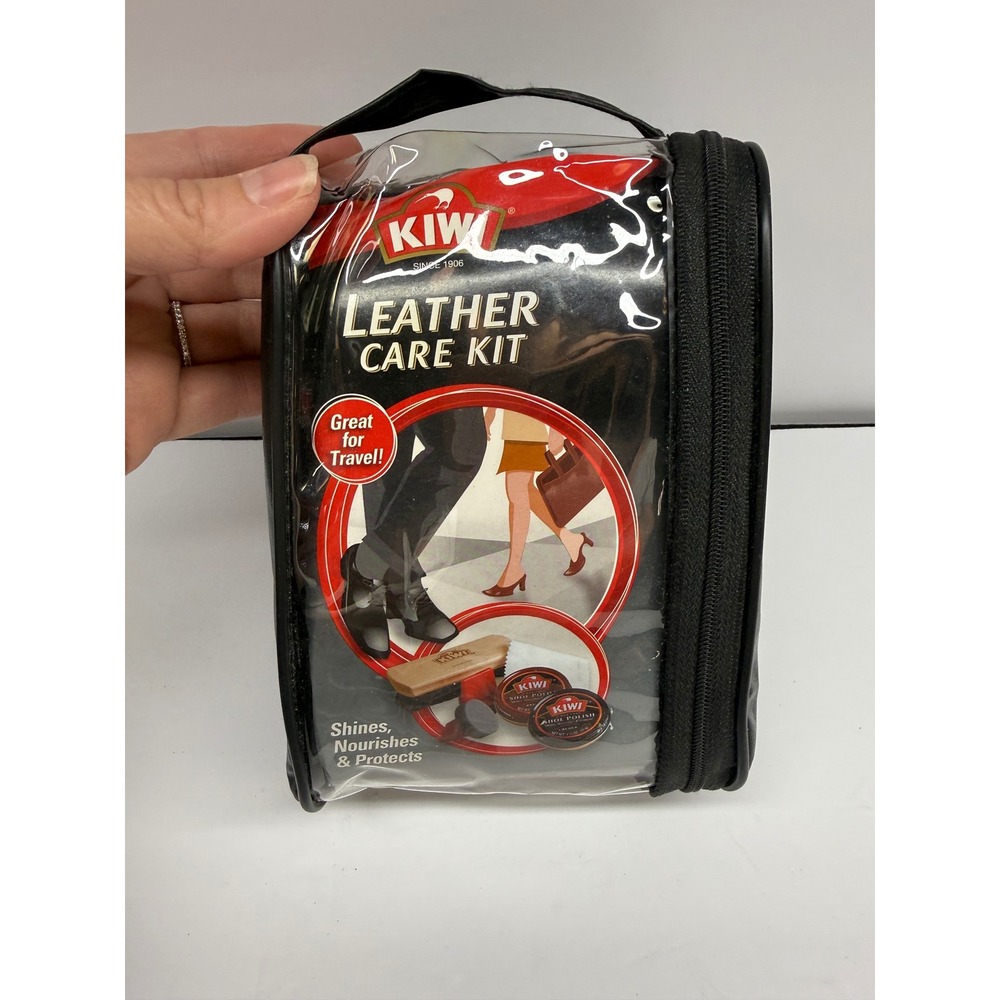 Kiwi Leather Care Kit Travel Shoe Shine Set Black Brown Polish Brush Cloth Case